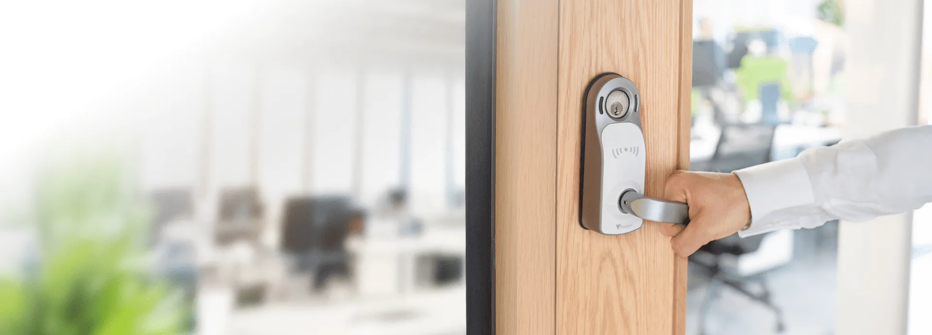 Paxton PaxLock wireless electronic mortise lock installed on an office door